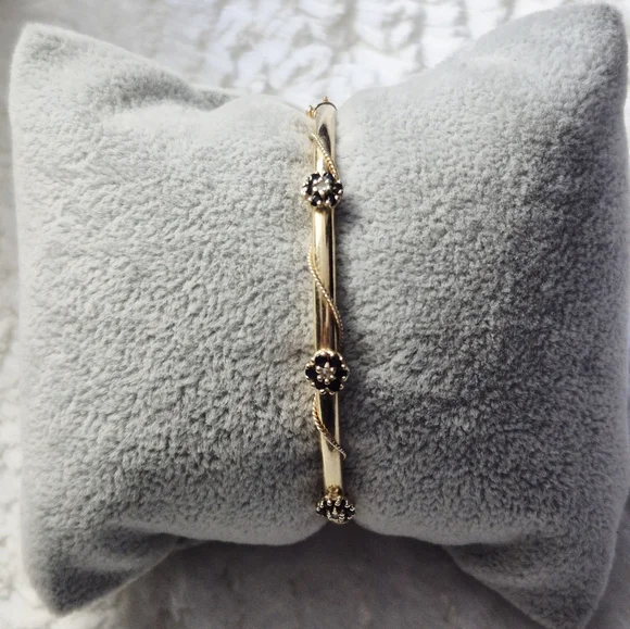 Vintage 14k Yellow Gold Sapphire Diamond Floral Bangle Bracelet - Picture 2 of 11